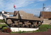 Top Tip for Visiting D-Day Memorial Sites in Normandy (Move Inland!) Sexton self-propelled gun memorial at Ver-sur-Mer, Gold Beach in the Normandy, France.